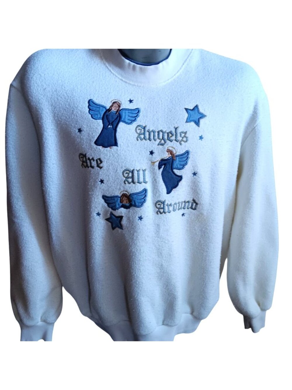 CottageCore Vintage Women's Sweatshirt XL Embroidered Angels White granny